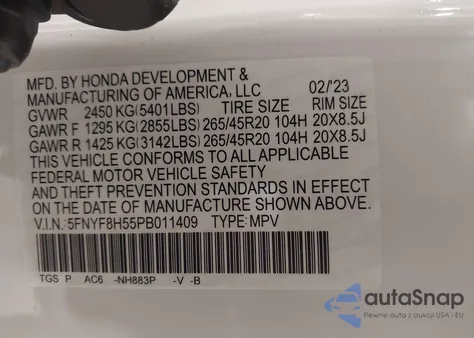 2023 Honda Passport Awd Ex-L z USA, uszkodzony, nr VIN 5FNYF8H55PB011409